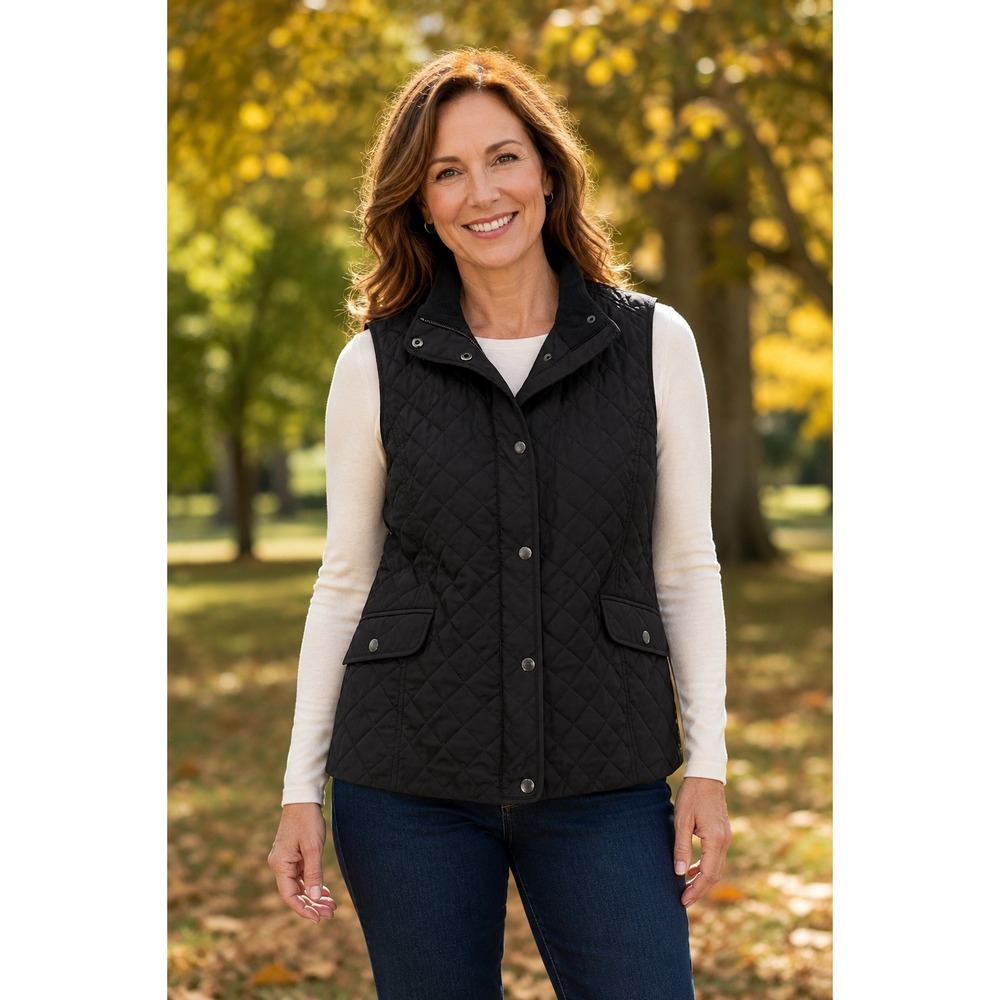 Talbots Womens Black Quilted Vest Fleece Lined Collar Snap Front Size L
